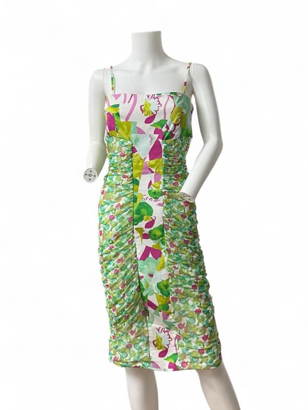 Versus Versace Green and Pink Floral Ruched Midi Dress